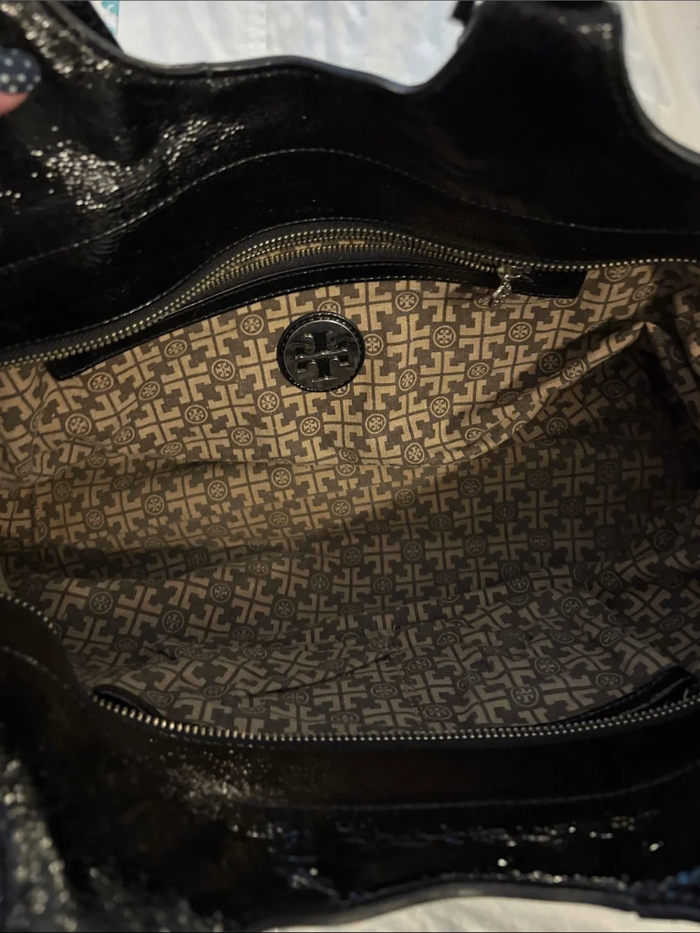Tory Burch Black Patent Leather Logo Tote